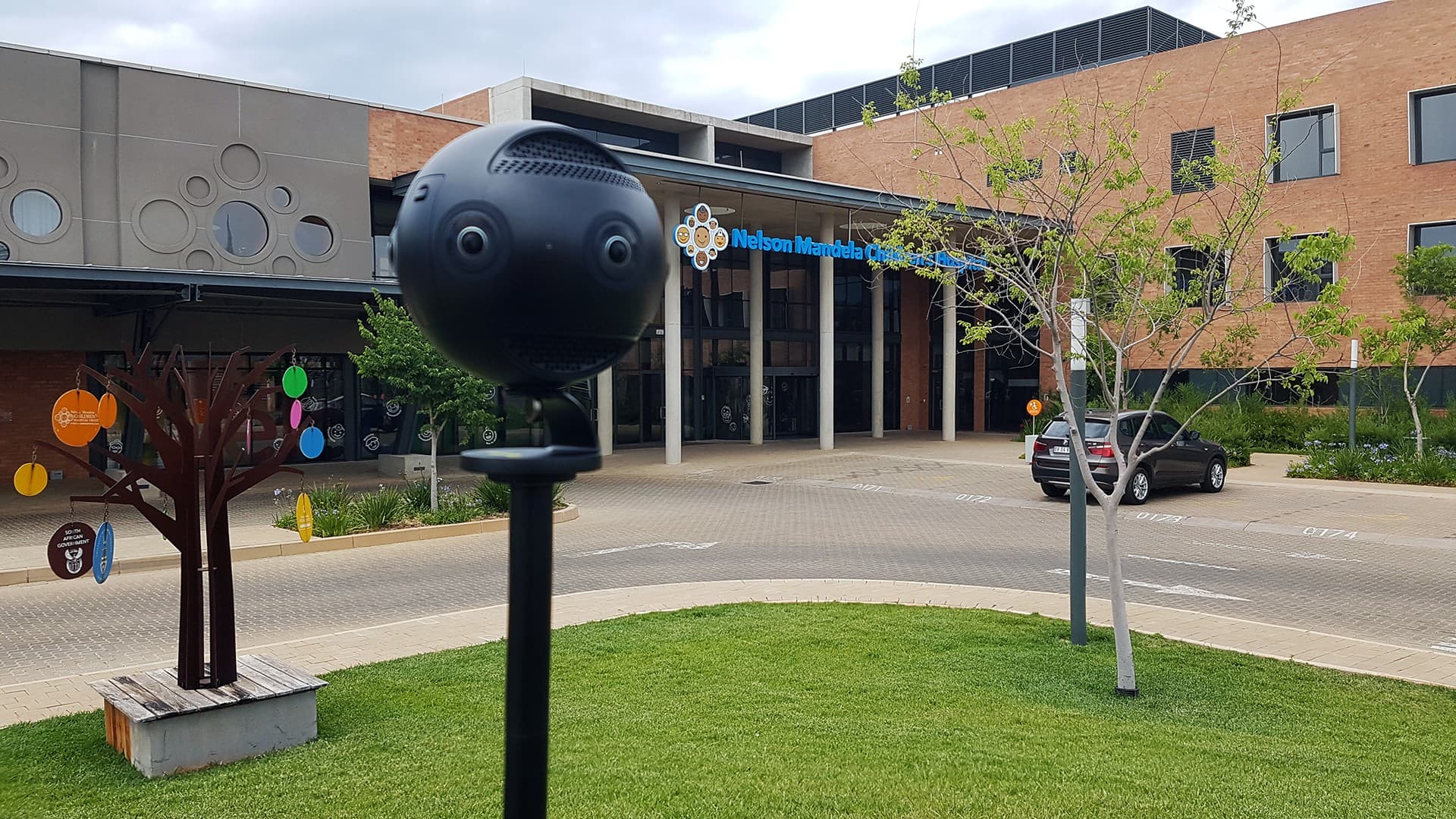 A 360-degree camera on a stand outside The Innovation Hub