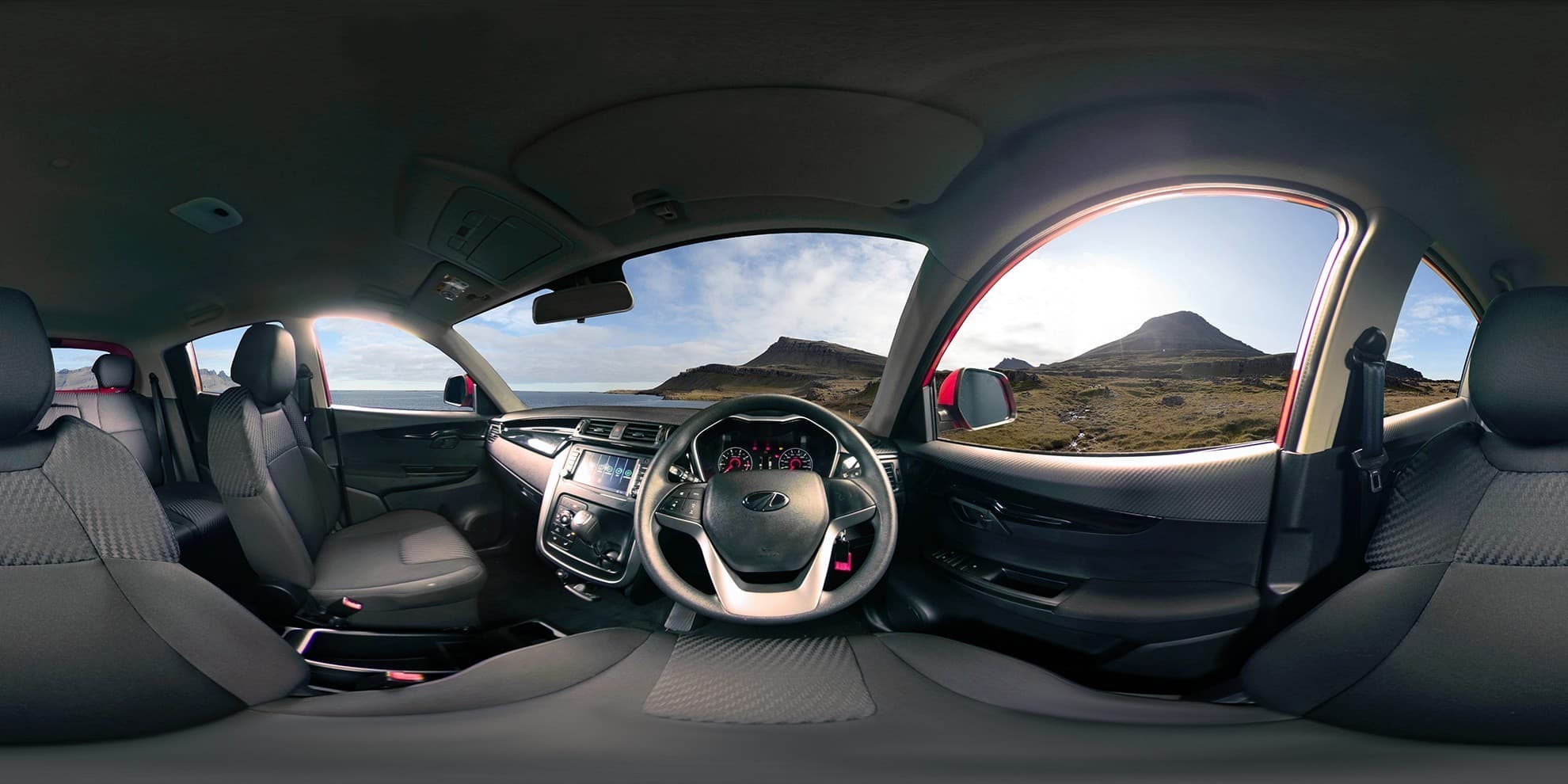 Panoramic 360-degree photograph of the Mahindra KUV 100 interior