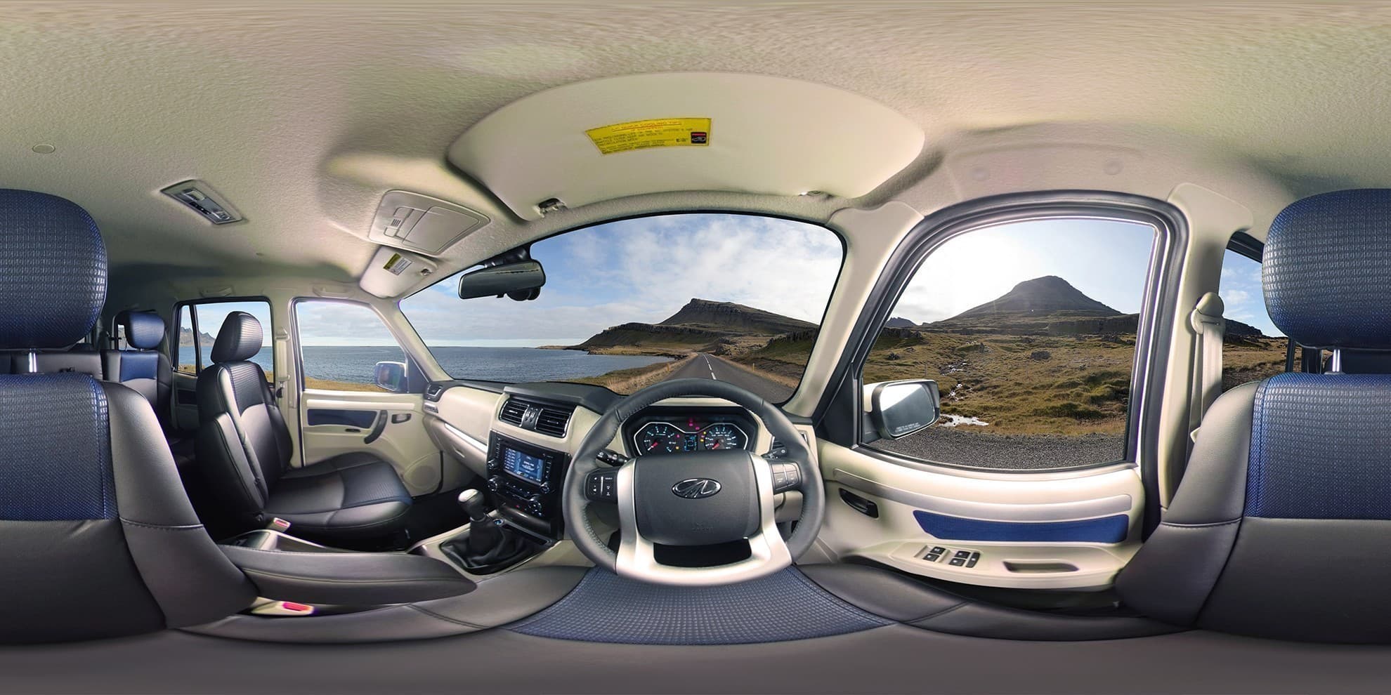 Panoramic 360-degree photograph of the Mahindra Scorpio interior