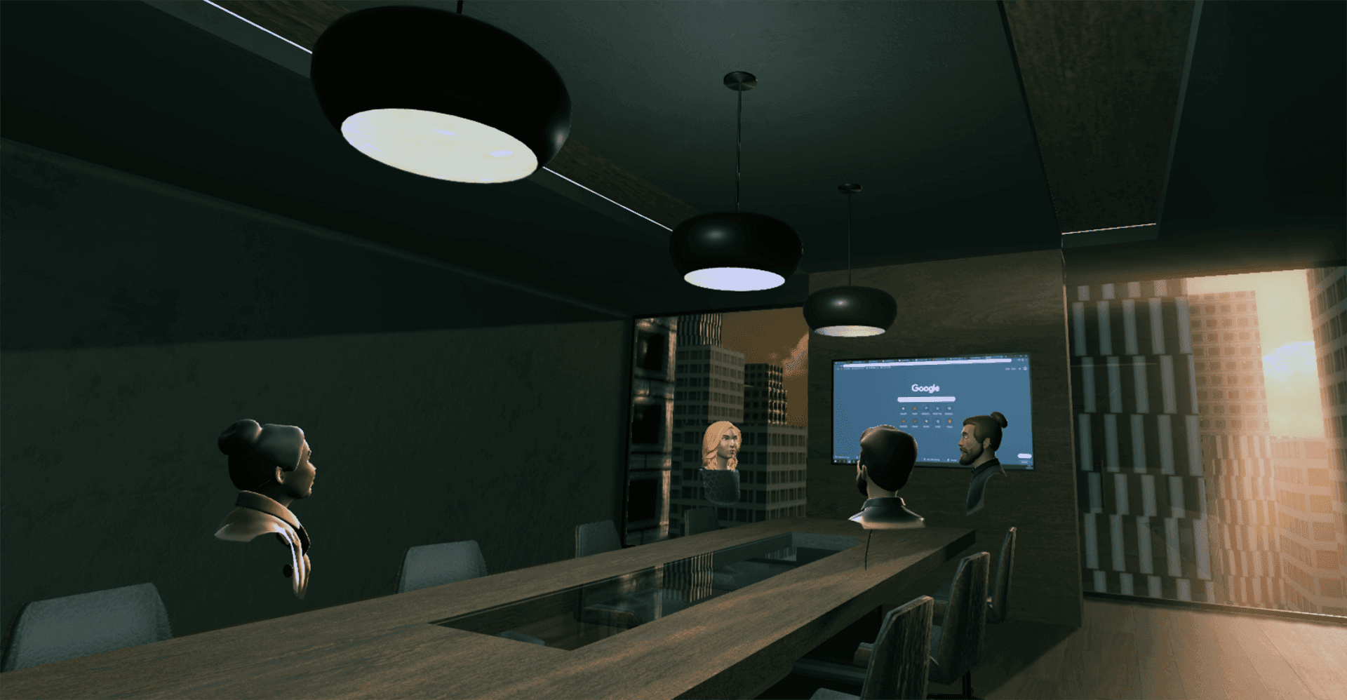 Avatars gathered around a boardroom table in BoardroomVR
