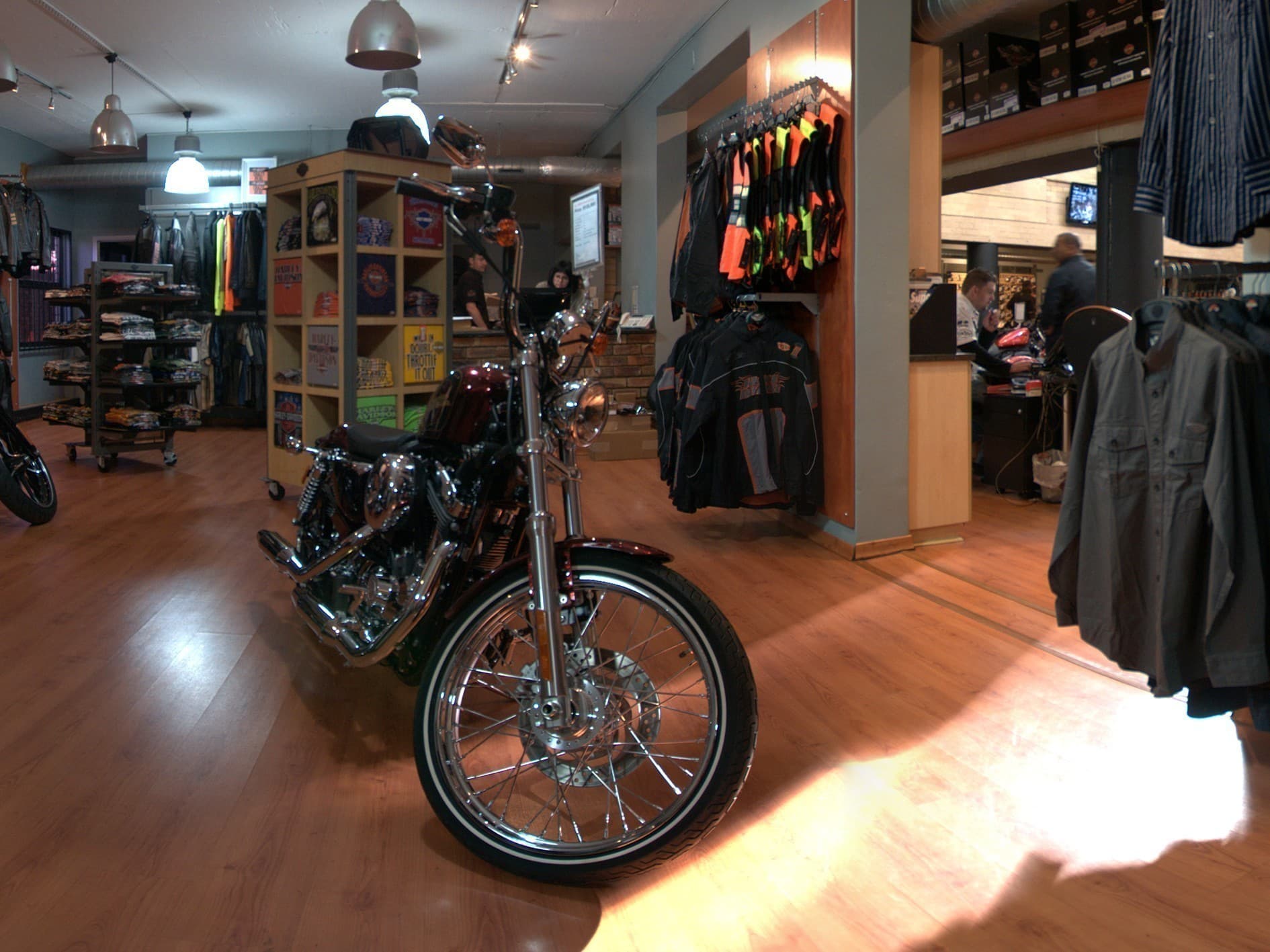 Motorcycles on display inside a Harley-Davidson showroom
