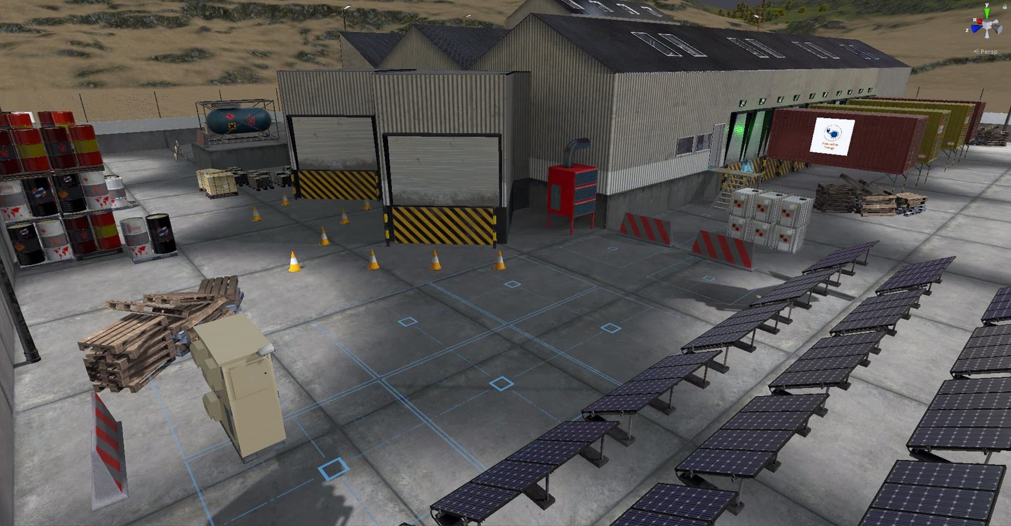 A virtual industrial environment with a warehouse, machinery and work areas