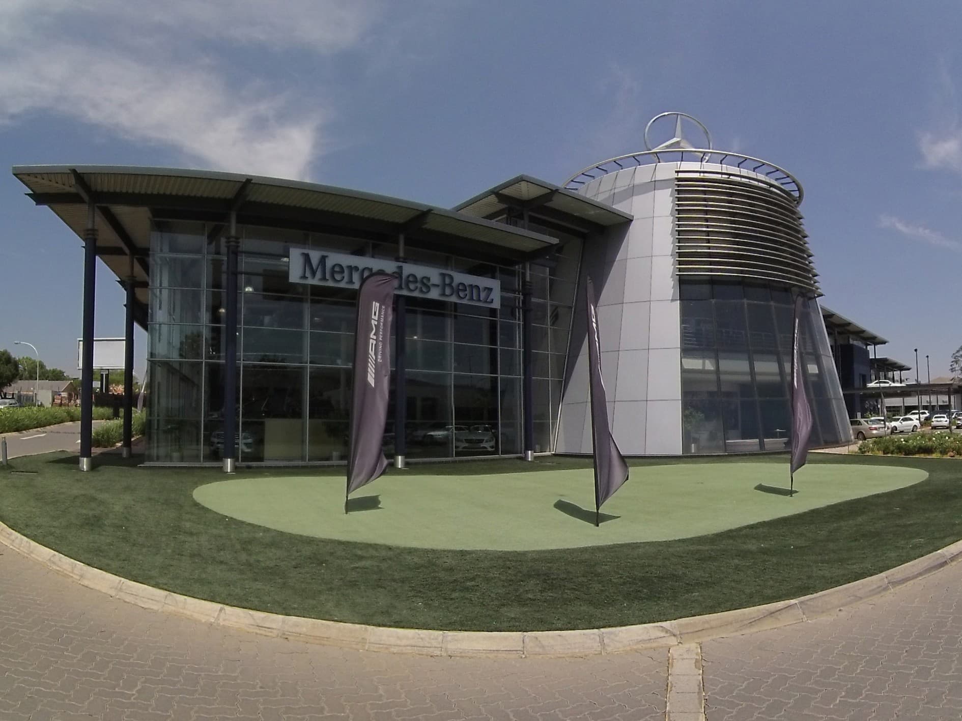 The exterior of a Mercedes-Benz dealership