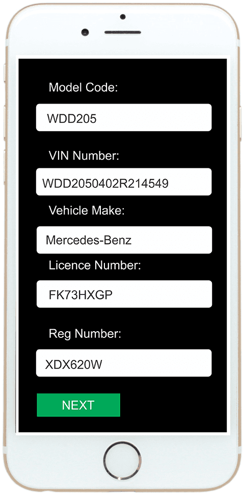 Proposed mobile vehicle record with model code, VIN and registration fields