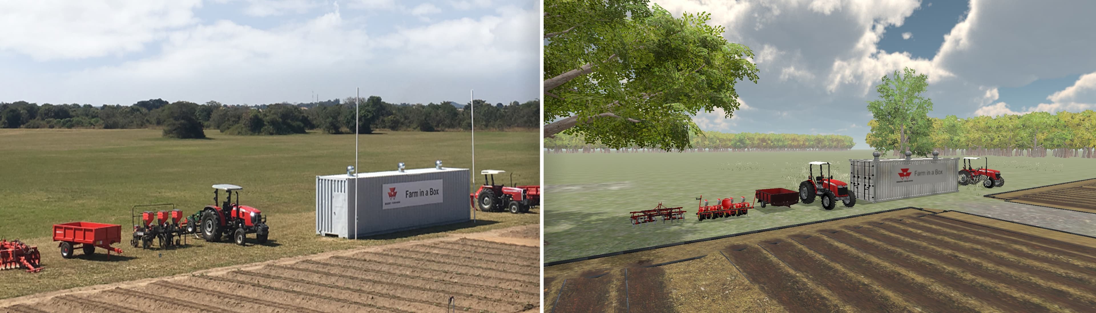 Two views of the farm in a box project recreated in a virtual rural environment
