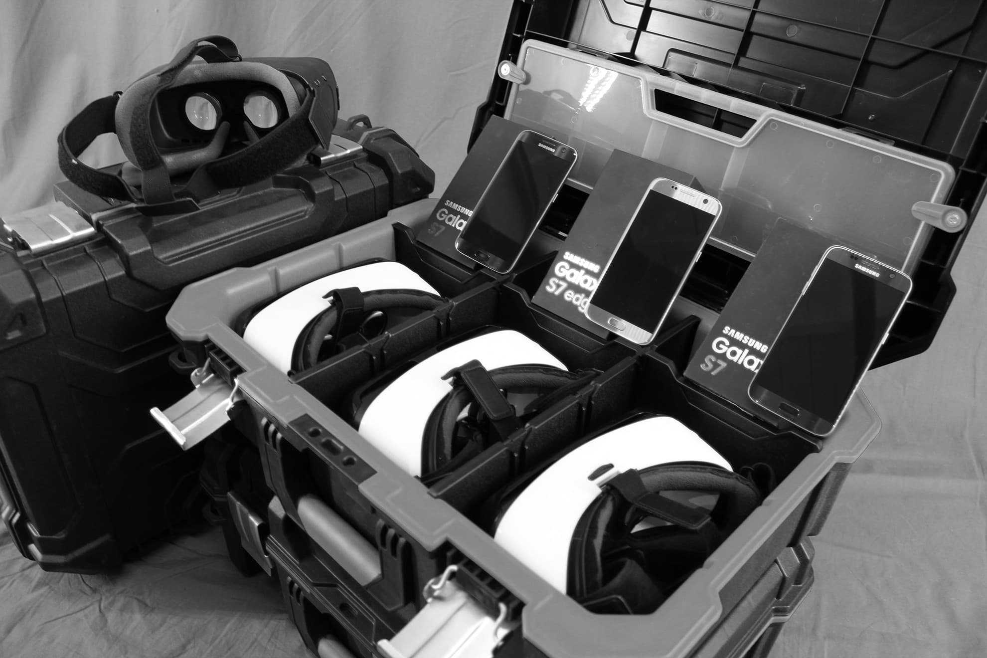 Samsung Gear VR rental equipment packed in protective cases with headsets and phones