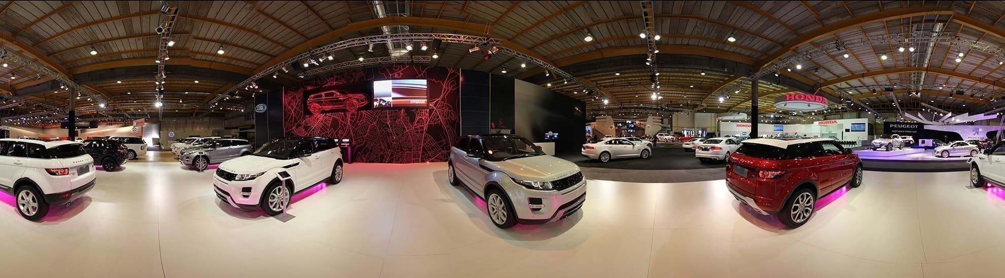 Panoramic view of cars on display at the Johannesburg International Motor Show