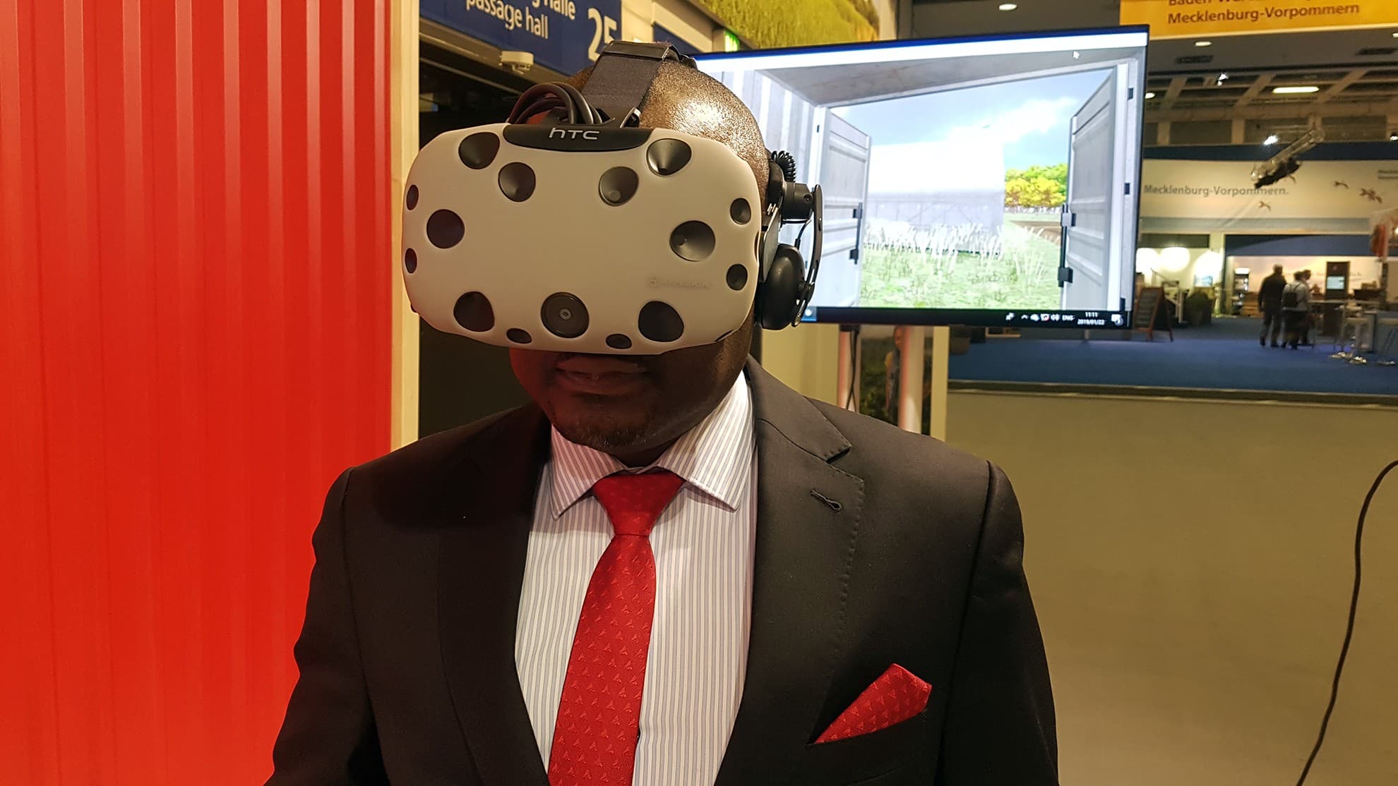 A visitor trying a virtual reality training demonstration in South Africa