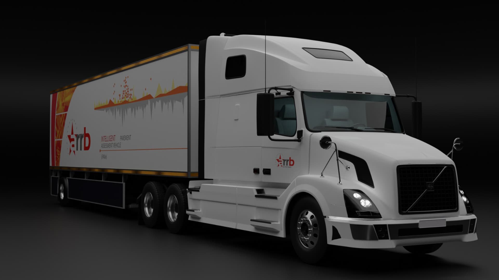 A 3D render of a white road-scanning truck against a dark background