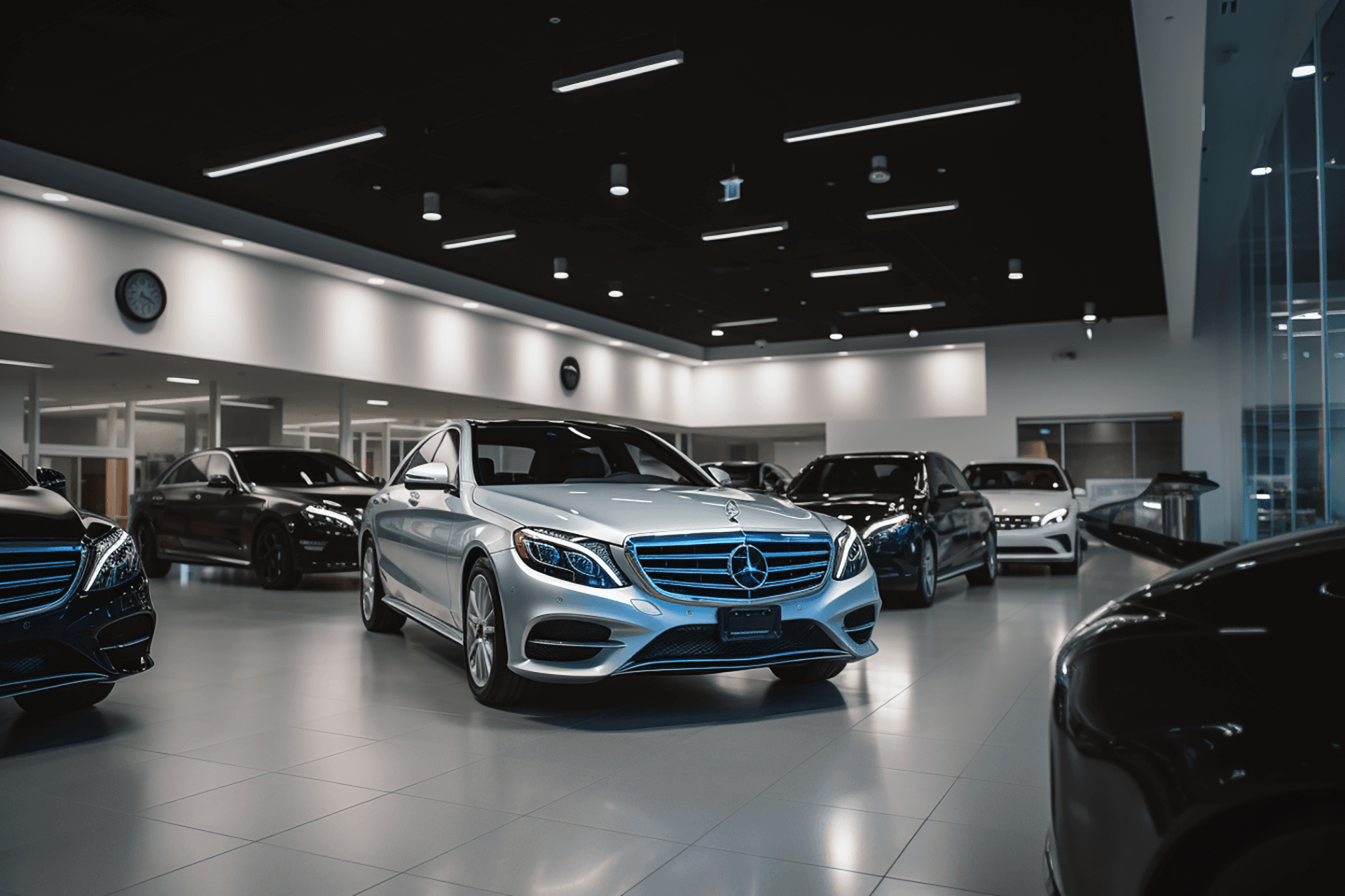 Vehicles displayed inside a Mercedes-Benz showroom virtual tour