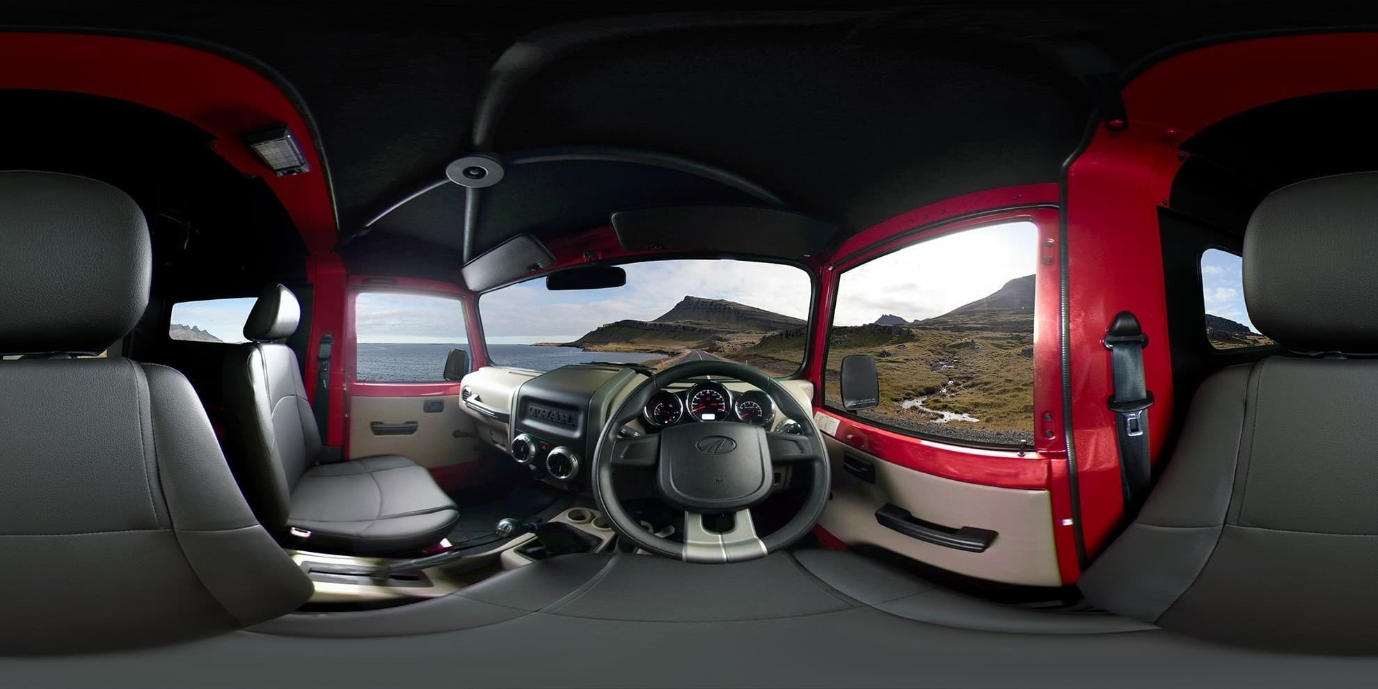 Panoramic photograph of the Mahindra Thar interior