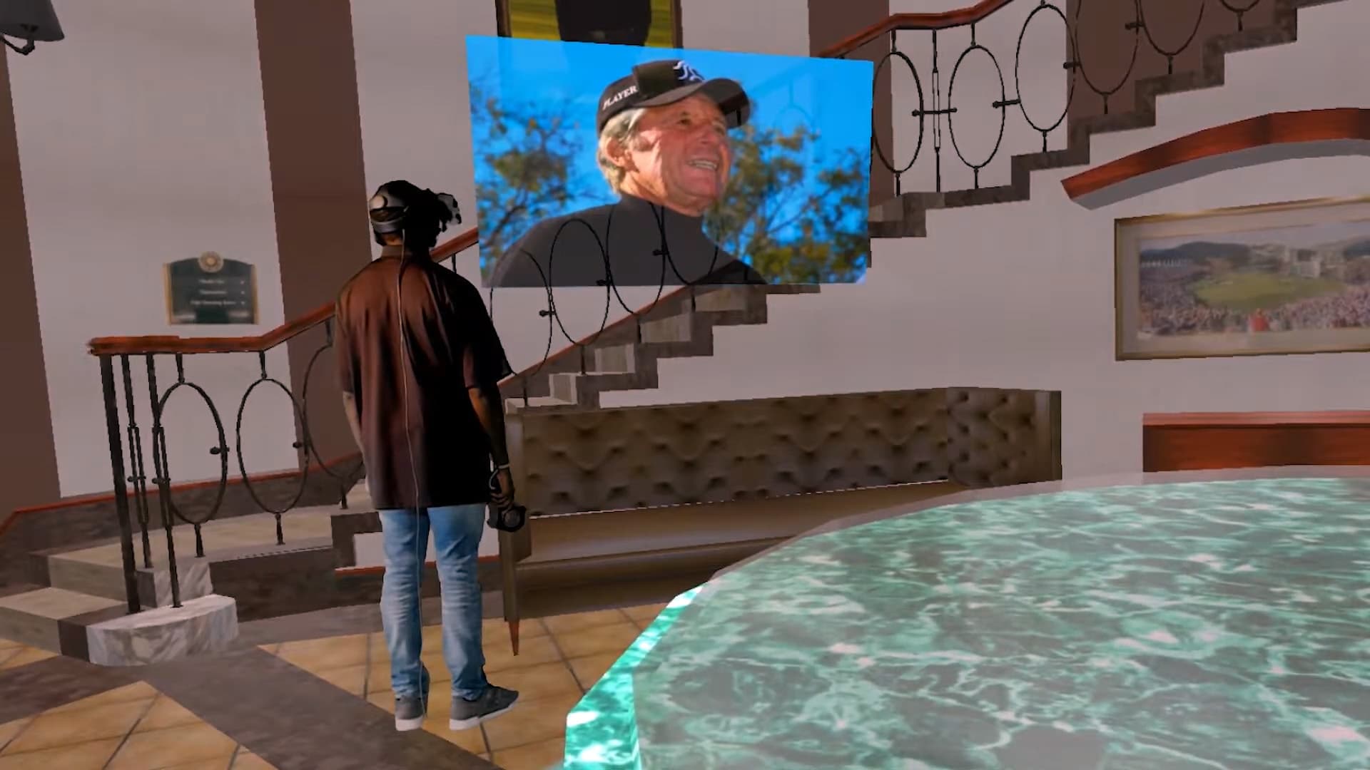 A virtual visitor exploring a recreated gallery with historic golf imagery and a video display