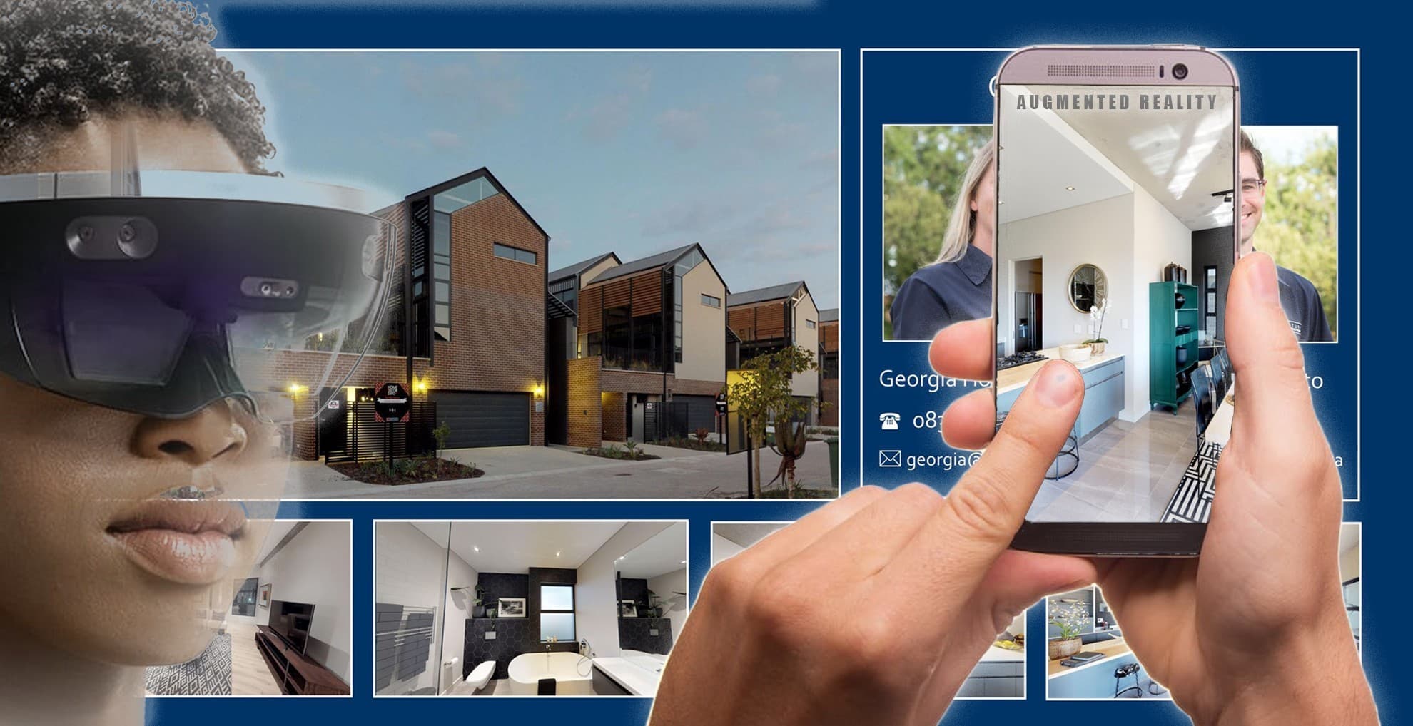 Montage of augmented reality glasses and a smartphone showing property information