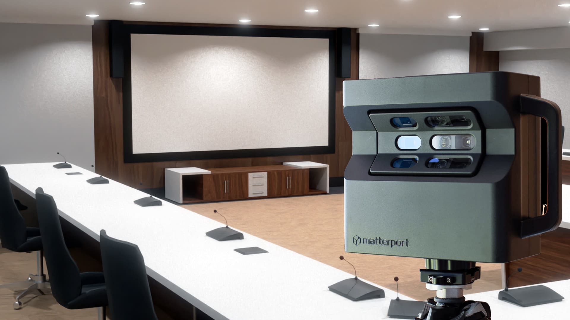 Matterport scanner set up in a commercial conference room