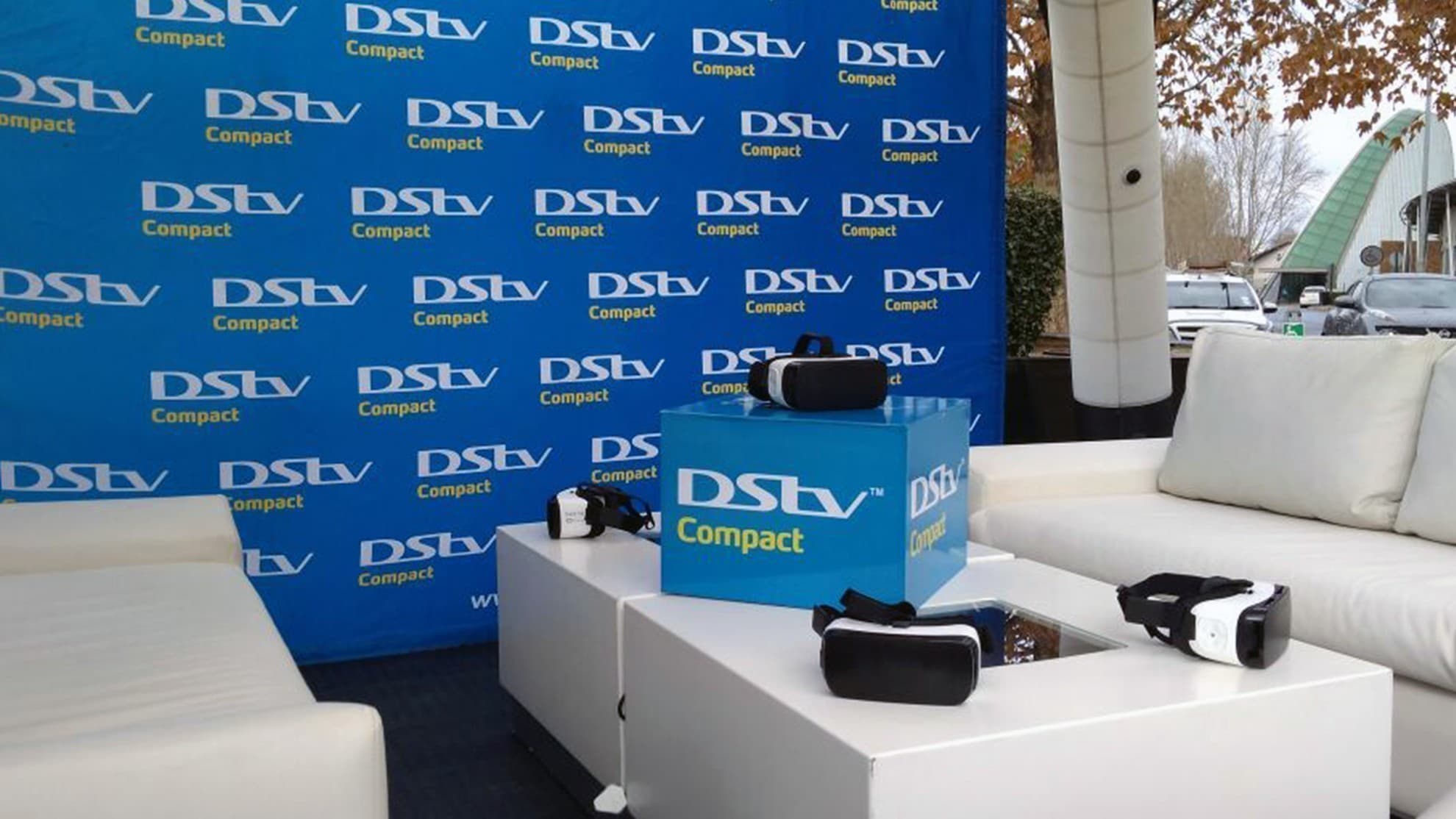 Gear VR headsets arranged in a lounge activation area