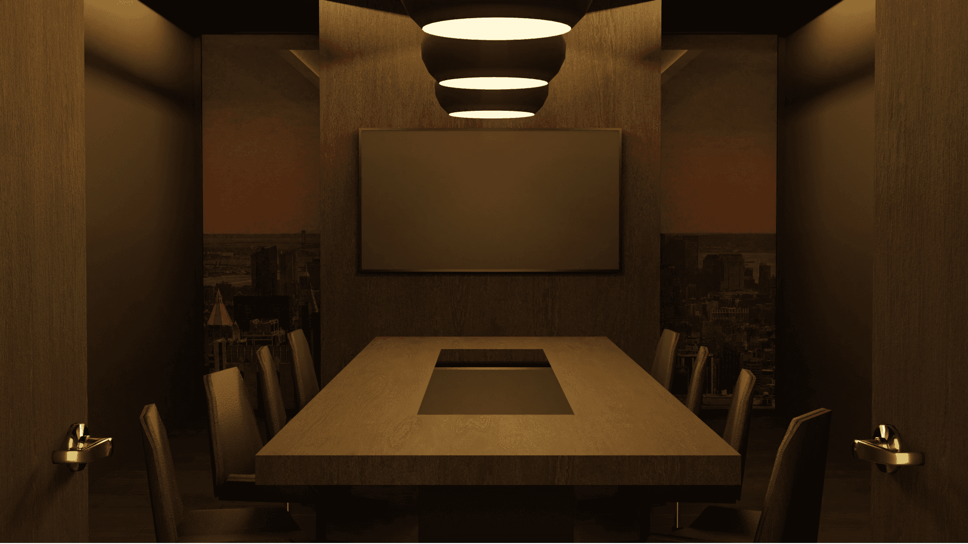A virtual boardroom with a meeting table and presentation screen