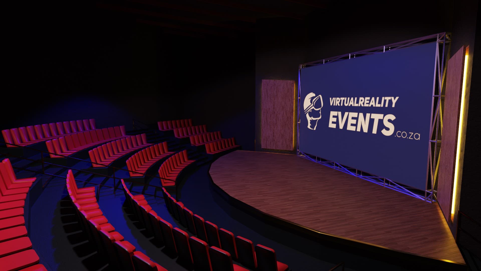 A virtual conference auditorium with rows of seats facing a large stage and screen