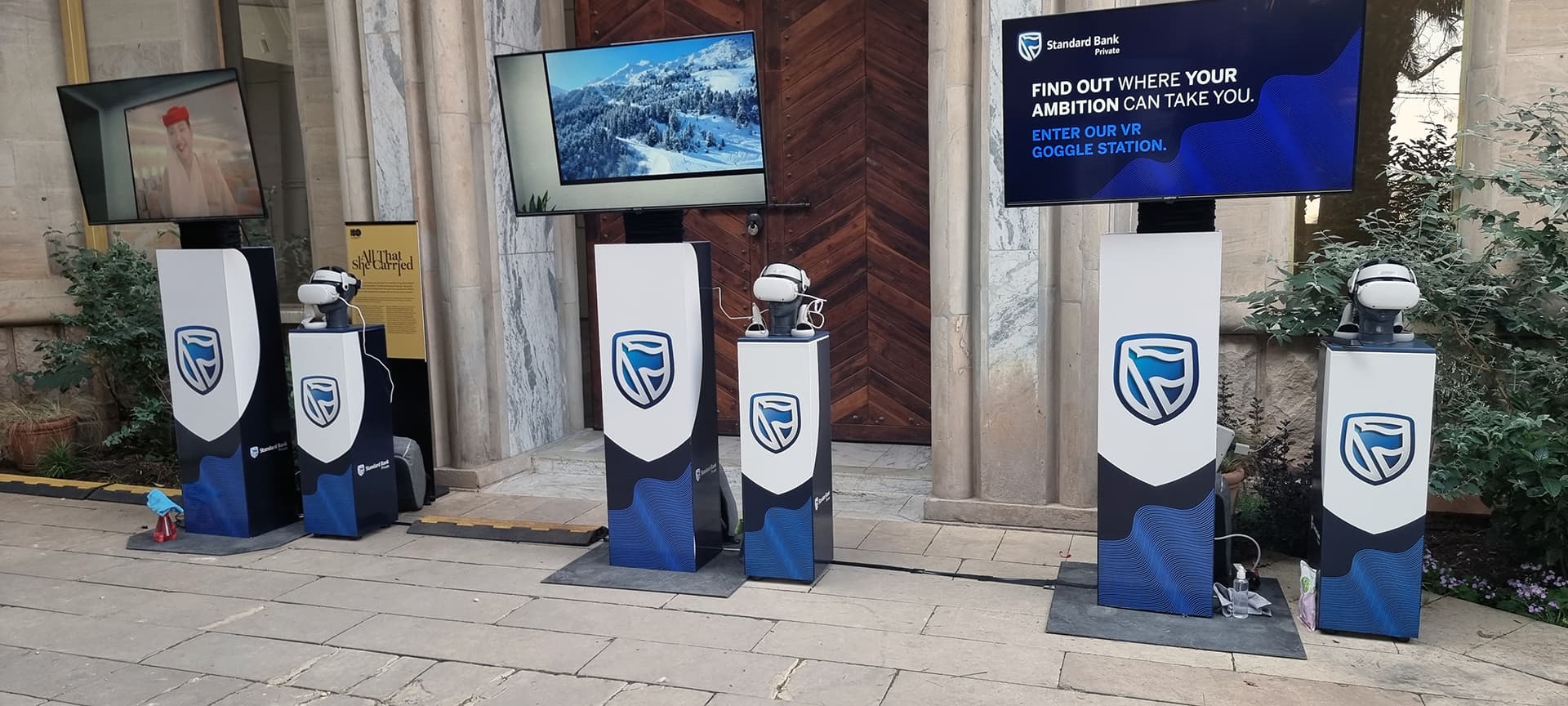 Branded virtual reality stations prepared for an event