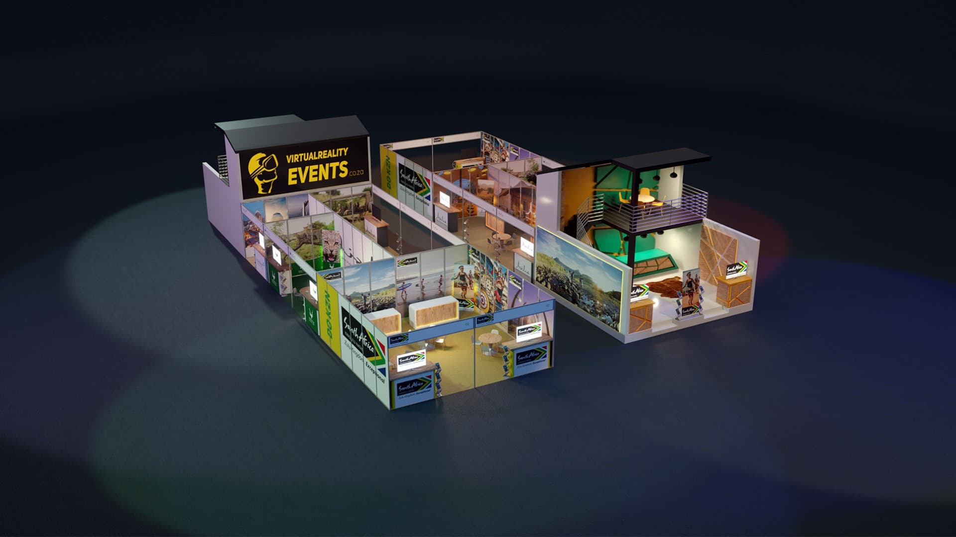 A 3D-rendered virtual exhibition layout showing connected stands and visitor spaces