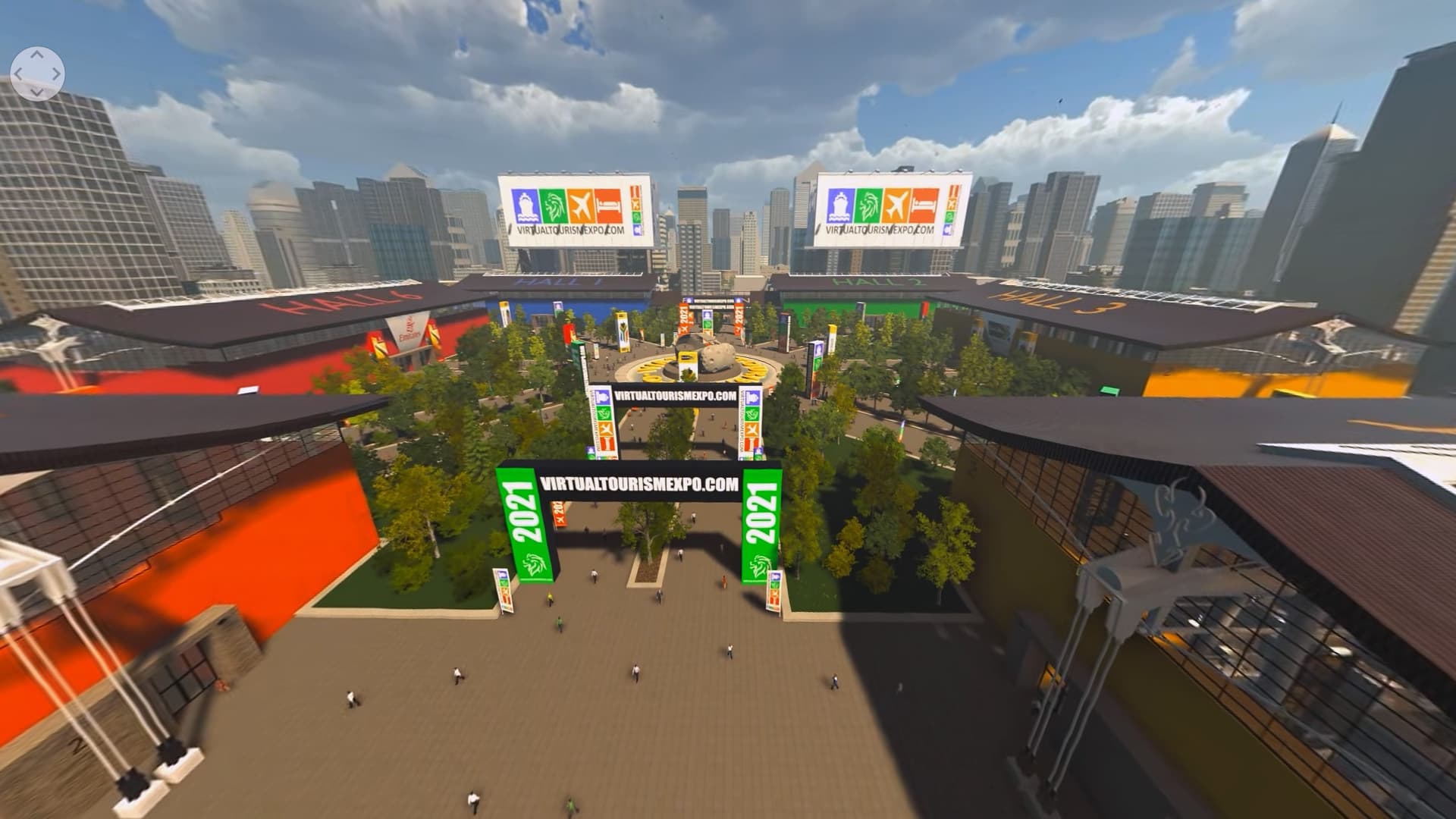 A panoramic 3D-rendered virtual event venue with stage and city skyline
