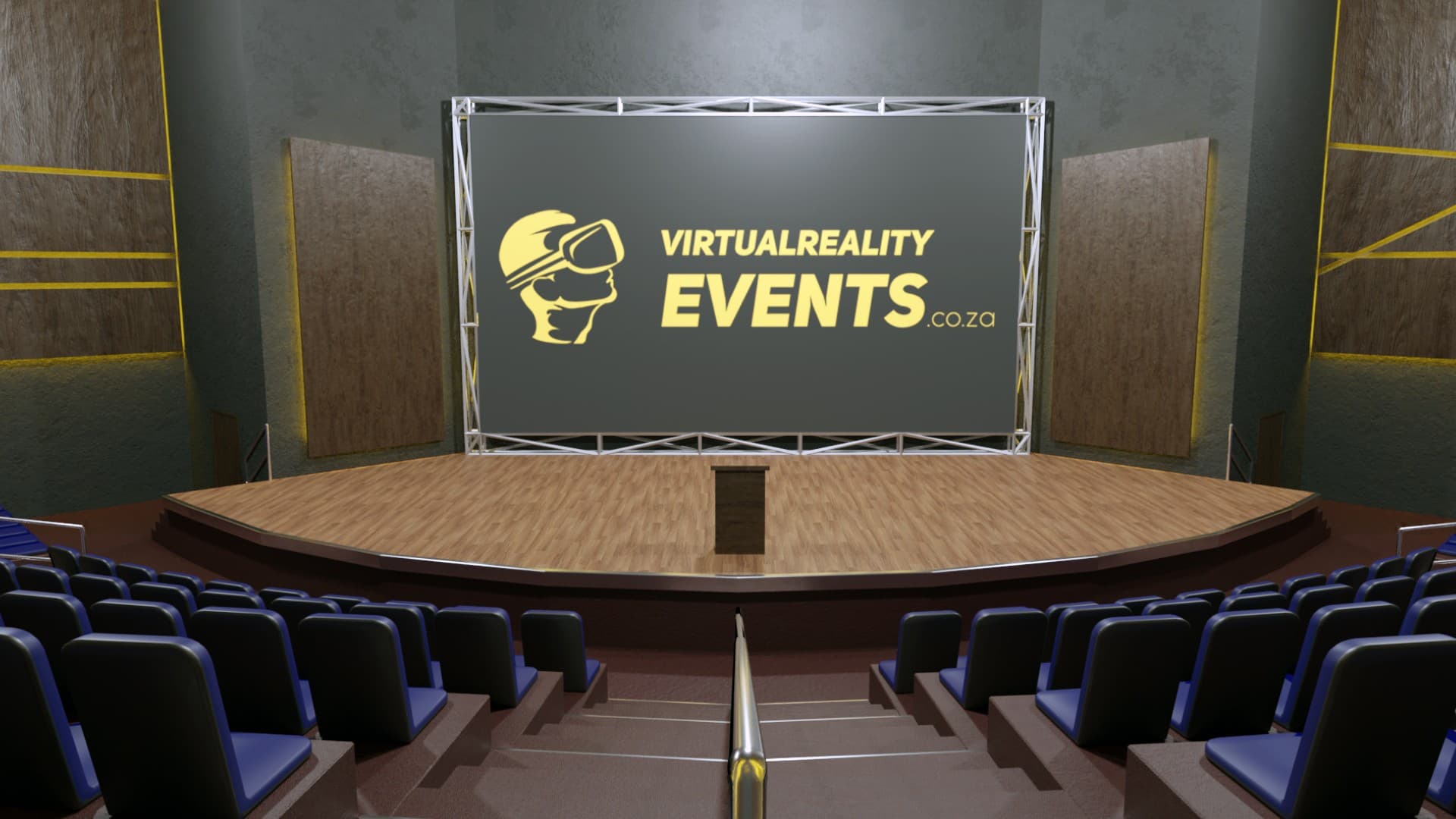 A virtual press conference stage with a branded screen and audience seating