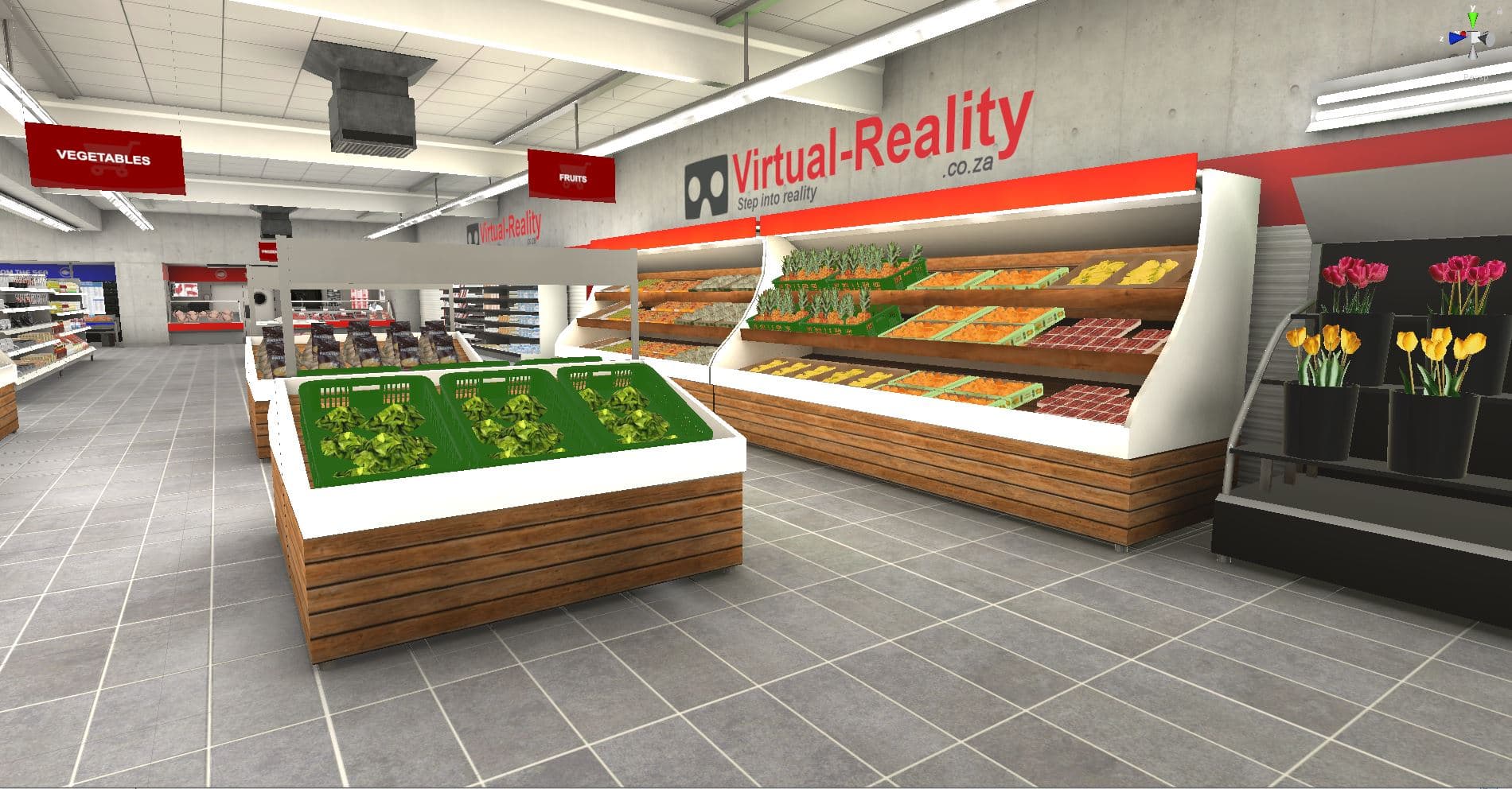 A rendered virtual supermarket with product aisles