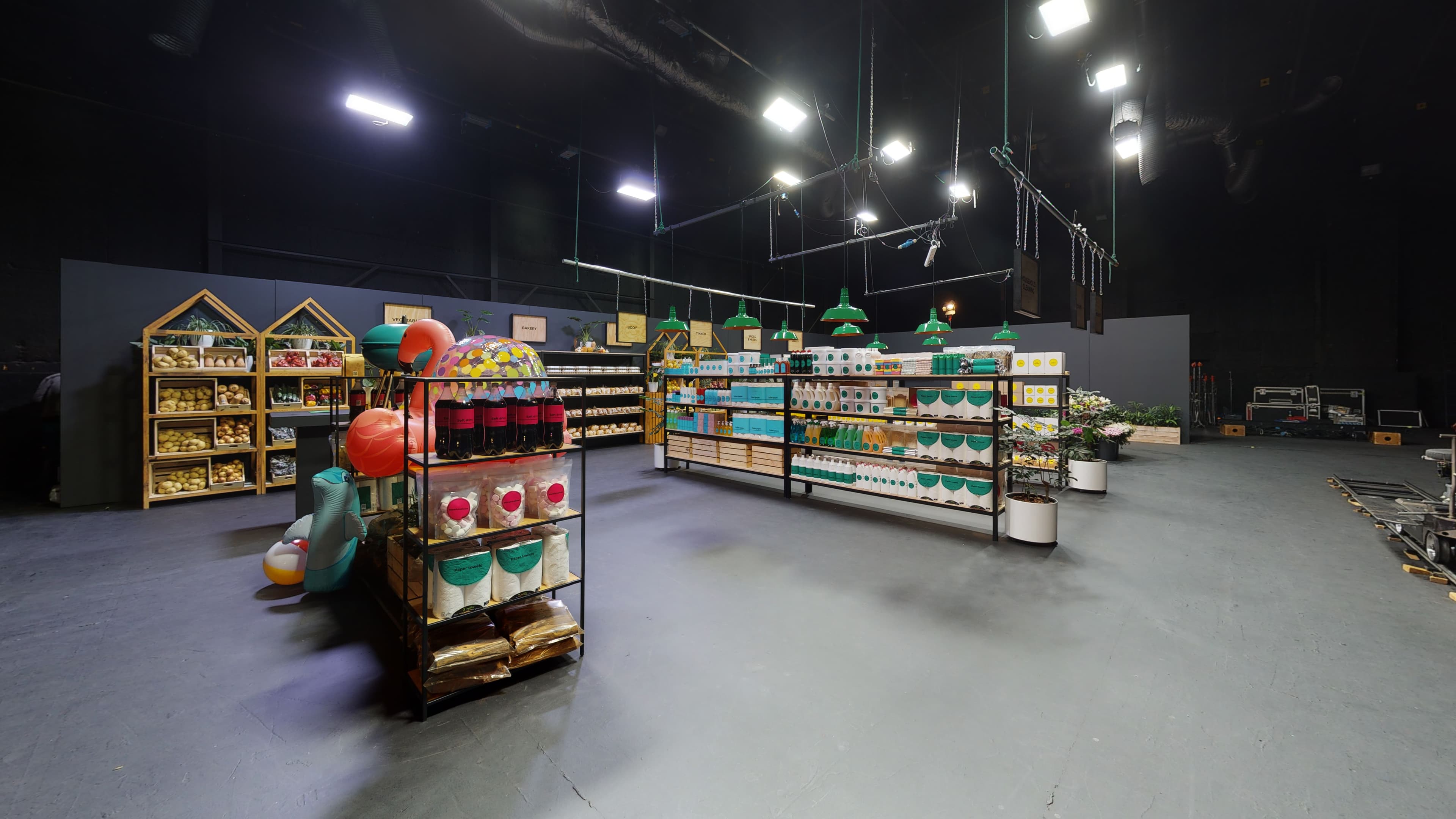 A rendered virtual grocery shop with produce displays and stocked aisles